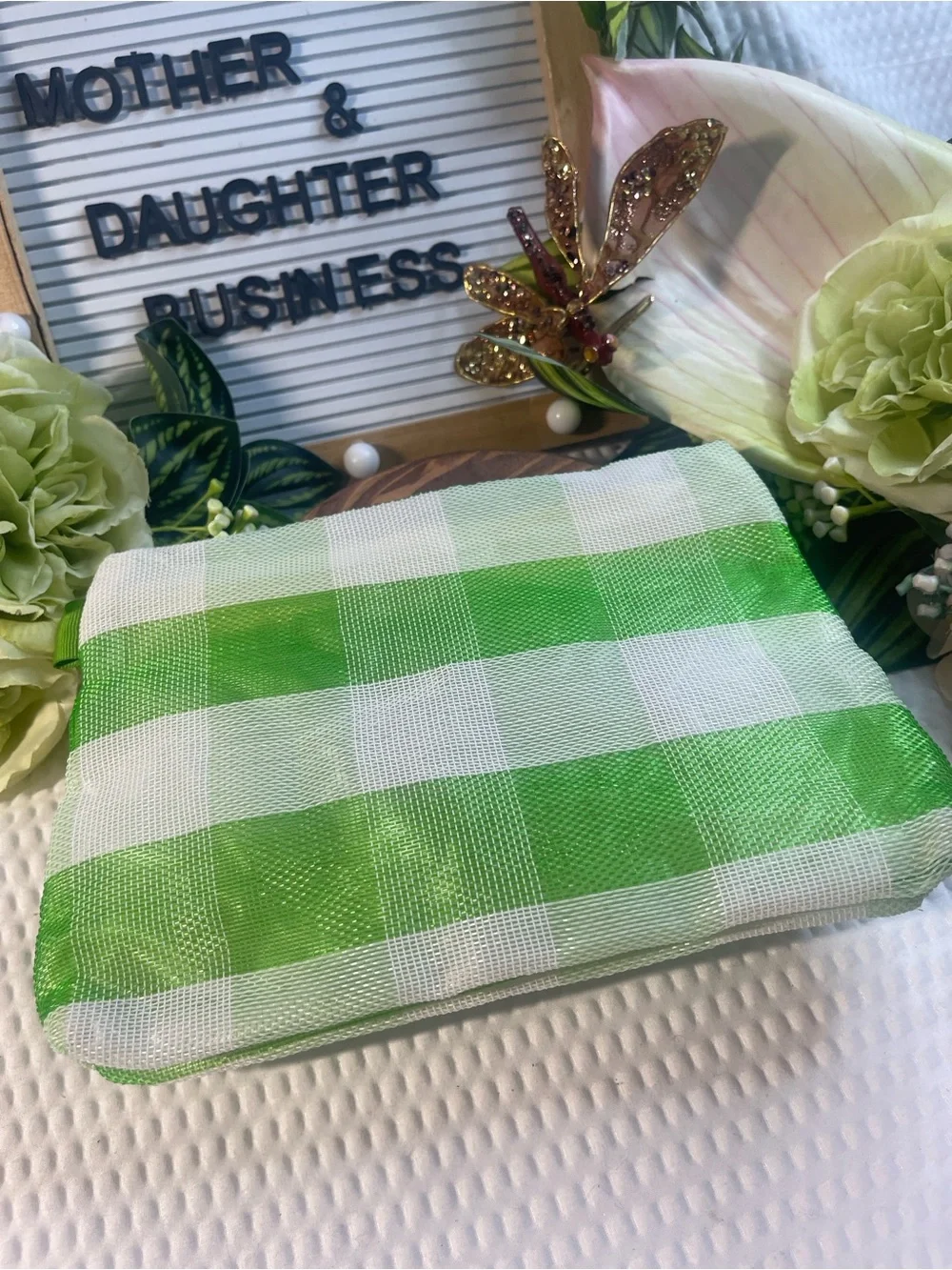 Vintage Clinique Green White Check Cosmetic Makeup Bag Zipper Pouch Travel Case